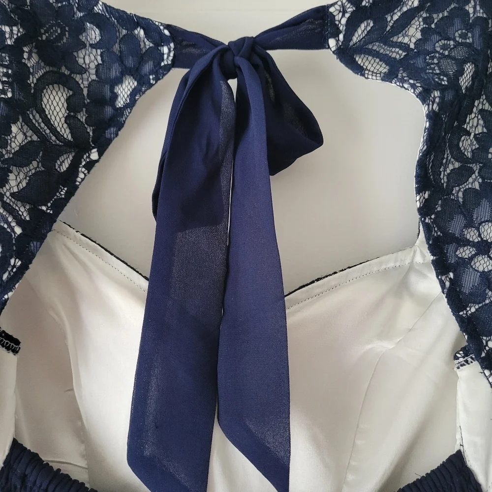 Pleated Cap Sleeved Blue White Lace Tulle Midi Cocktail Dress Size 4 - Picture 9 of 12